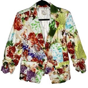 Beige By Eci Floral Blazer Womens 10 Stretch 3/4 Ruched Sleeves Cotton Red Multi